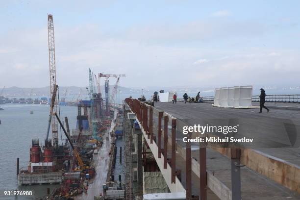 General view of the Crimean bridge which is being built to connect the Krasnodar region of Russia and Crimean Peninsula across the Kerch Strait on...