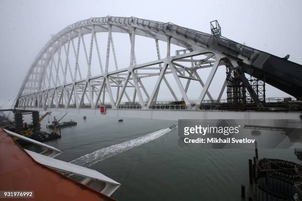 General view of the Crimean bridge which is being built to connect the Krasnodar region of Russia and Crimean Peninsula across the Kerch Strait on...