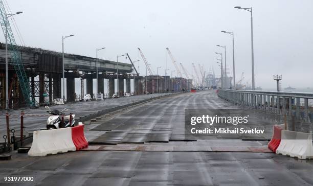 General view of the Crimean bridge which is being built to connect the Krasnodar region of Russia and Crimean Peninsula across the Kerch Strait on...