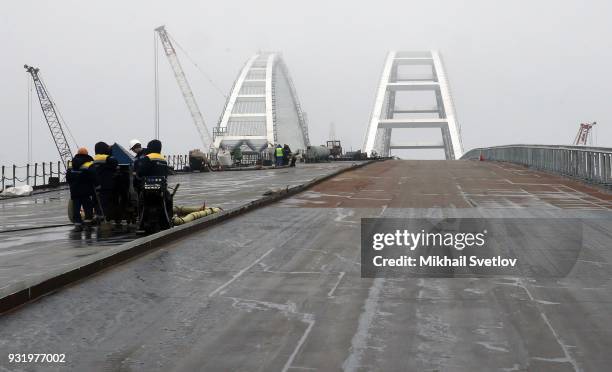 General view of the Crimean bridge which is being built to connect the Krasnodar region of Russia and Crimean Peninsula across the Kerch Strait on...