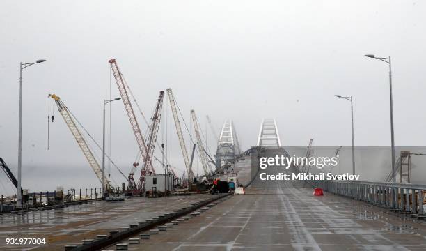 General view of the Crimean bridge which is being built to connect the Krasnodar region of Russia and Crimean Peninsula across the Kerch Strait on...