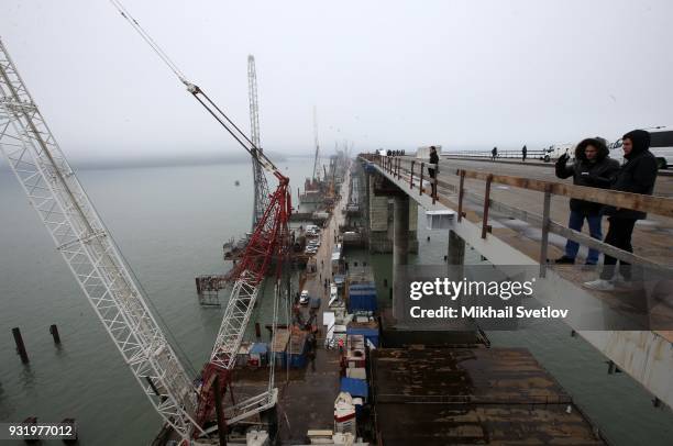 General view of the Crimean bridge which is being built to connect the Krasnodar region of Russia and Crimean Peninsula across the Kerch Strait on...