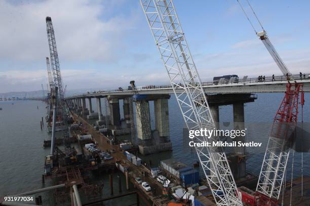 General view of the Crimean bridge which is being built to connect the Krasnodar region of Russia and Crimean Peninsula across the Kerch Strait on...