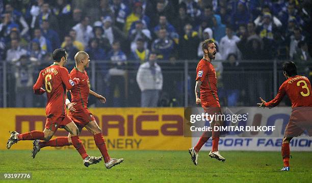 Portugal's Raul Meireles celebrates after scoring a goal against Bosnia during their World Cup 2010 play-off football match at Bilino Polje Stadium...