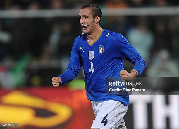 Giorgio Chiellini of Italy celebrates after scoring the opening goal during the international friendly match beetwen Italy and Sweden at Dino Manuzzi...