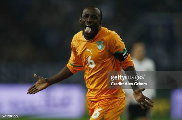 Seydou Doumbia of Ivory Coast celebrates scoring his team's second goal during the international friendly match between Germany and Ivory Coast at...