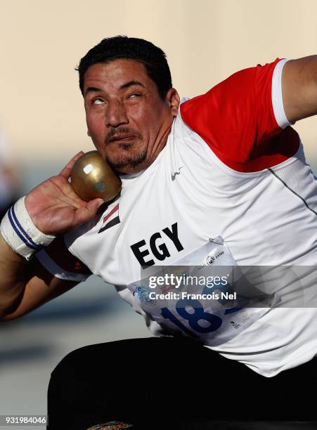 Ibrahim Ibrahim of Egypt competes in the Shot Put Wheelchair Men's Final during the 10th Fazza International IPC Athletics Grand Prix Competition -...