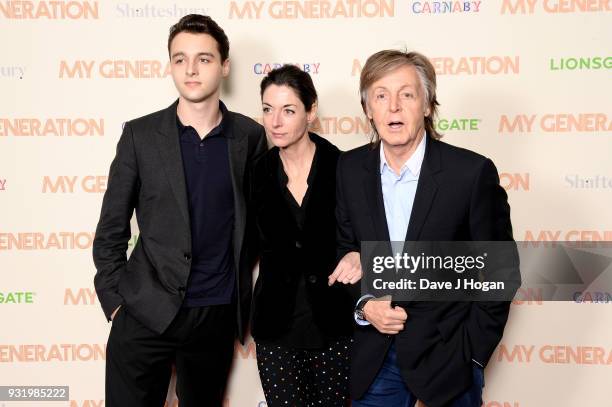 Arthur Alistair Donald, Mary McCartney and Sir Paul McCartney attend the My Generation special screening at BFI Southbank on March 14, 2018 in...