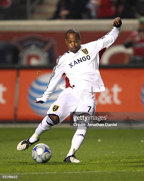 Andy Williams of Real Salt Lake passes the ball against the Chicago Fire during the MLS Eastern Conference Championship at Toyota Park on November...