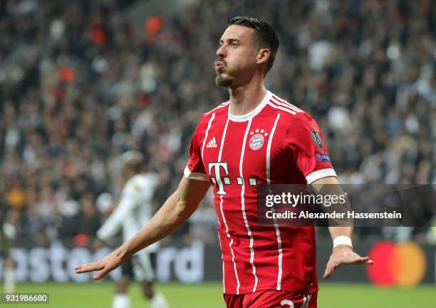 Sandro Wagner of Bayern Muenchen celebrates as he scores their third goal during the UEFA Champions League Round of 16 Second Leg match Besiktas and...