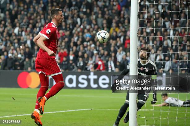 Sandro Wagner of Bayern Muenchen scores their third goal during the UEFA Champions League Round of 16 Second Leg match Besiktas and Bayern Muenchen...