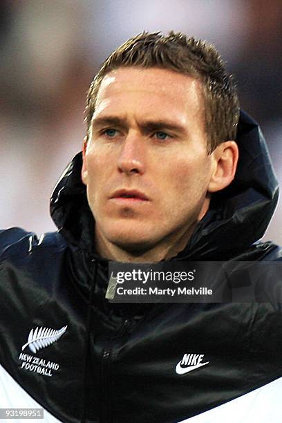 Chris Killen of the All Whites sings the national anthem before the 2010 FIFA World Cup Asian Qualifier match between New Zealand and Bahrain at...