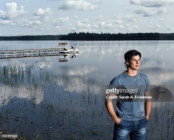 Professional hockey player Sidney Crosby poses at a portrait session in Nova Scotia, Canada.