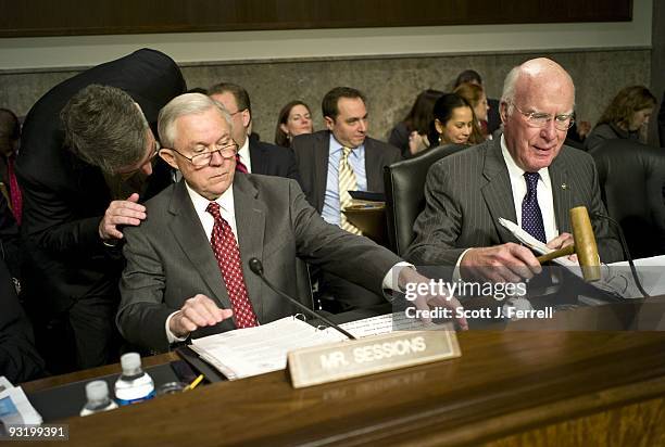 Ranking member Jeff Sessions, R-Ala., and Chairman Patrick J. Leahy, D-Vt., at the start of the Senate Judiciary oversight hearing on the Justice...