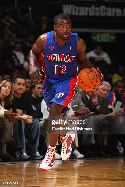 Will Bynum of the Detroit Pistons brings the ball upcourt against the Washington Wizards during the game on November 14, 2009 at the Verizon Center...