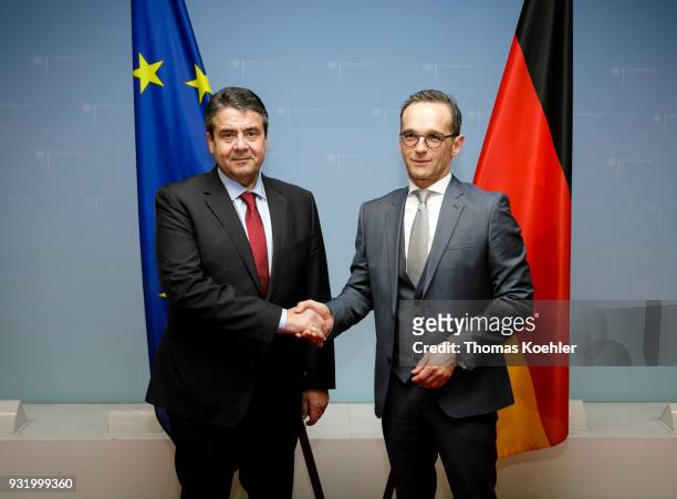 Outgoing German Foreign Minister Sigmar Gabriel, SPD, hands over the Ministry of Foreign Affairs to Heiko Maas, SPD, on March 14, 2018 in Berlin,...