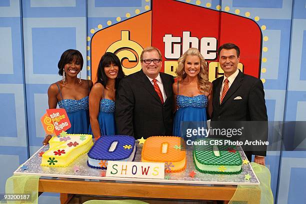 Models Lanisha Cole, Manuela Arbelaez and Rachel Reynolds, with host Drew Carey and announcer Rich Fields, celebrate 7000 episodes of CBS's Emmy...