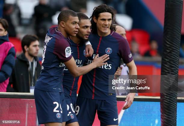 Kylian Mbappe of PSG celebrates his second goal with Layvin Kursawa, Edinson Cavani during the French Ligue 1 match between Paris Saint Germain and...