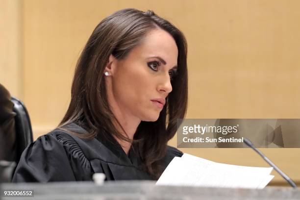 Judge Elizabeth Scherer presides over the arraignment of Nikolas Cruz on Wednesday, March 14, 2018 at the Broward County Courthouse in Fort...