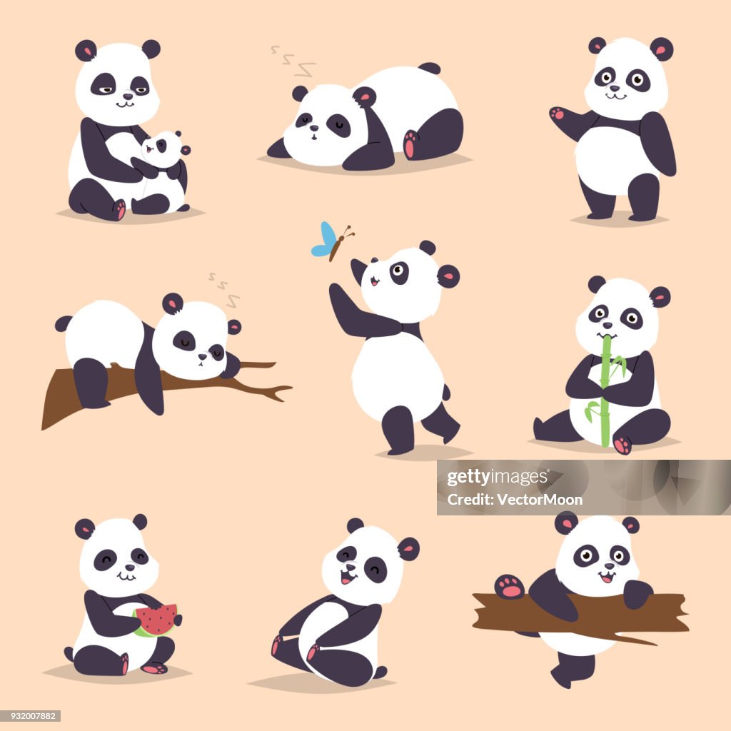 Panda De Dibujos Animados Carácter En Varios Expresión Vector Animal Blanco  Negro De China Lindo Oso Panda Gigante Mamífero Grasa Desierto Rara Mentira  Bosque Oso Panda Comiendo Bambú Animales Salvajes De China