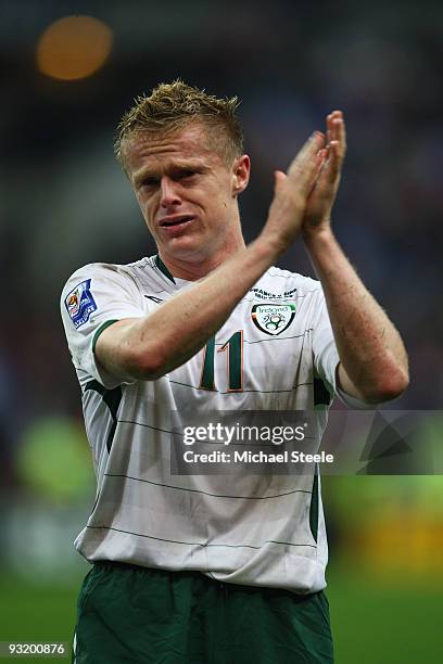 Damien Duff of Ireland reacts after the 1-1 draw which saw the Republic of Ireland lose 2-1 on aggregate during the France and Republic of Ireland...