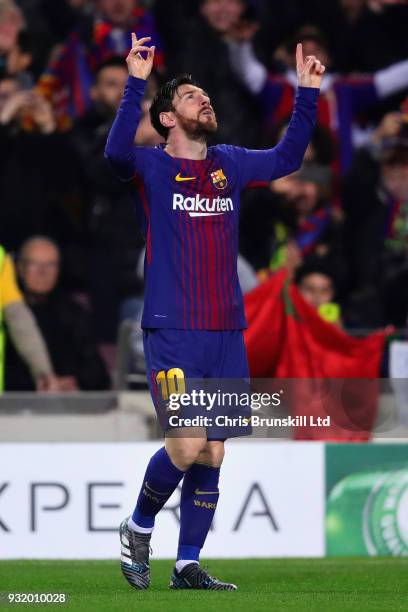 Lionel Messi of FC Barcelona celebrates after scoring the opening goal during the UEFA Champions League Round of 16 Second Leg match between FC...