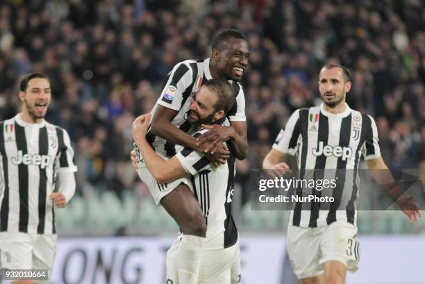 Blaise Matudi celebrates after scoring the second goal for Juventus during the Serie A football match between Juventus FC and Atalanta BC at Allianz...