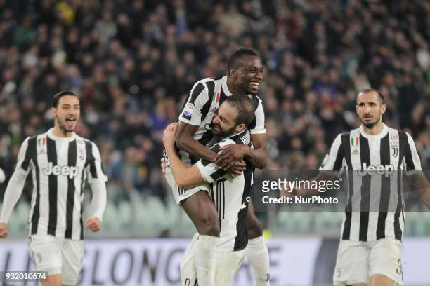 Blaise Matudi celebrates after scoring the second goal for Juventus during the Serie A football match between Juventus FC and Atalanta BC at Allianz...
