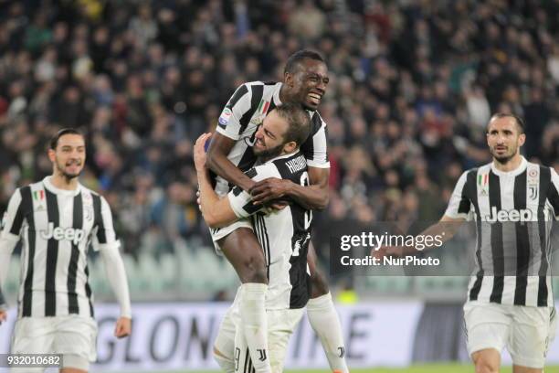Blaise Matudi celebrates after scoring the second goal for Juventus during the Serie A football match between Juventus FC and Atalanta BC at Allianz...