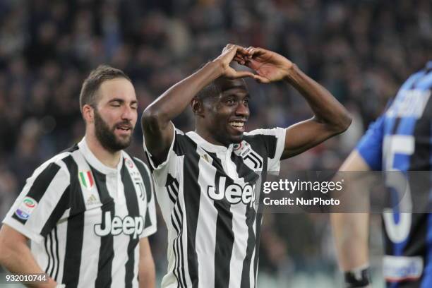 Blaise Matudi celebrates after scoring the second goal for Juventus during the Serie A football match between Juventus FC and Atalanta BC at Allianz...