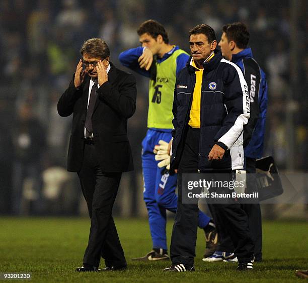 Miroslav Blazevic the Bosnia-Herzegovina coach leaves the field at the end of the FIFA2010 World Cup Qualifier 2nd Leg match between...