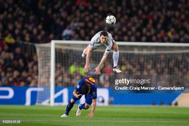 Chelsea's Andreas Christensen fouls Barcelonas Luis Suarez with an unconventional challenge during the UEFA Champions League Round of 16 Second Leg...