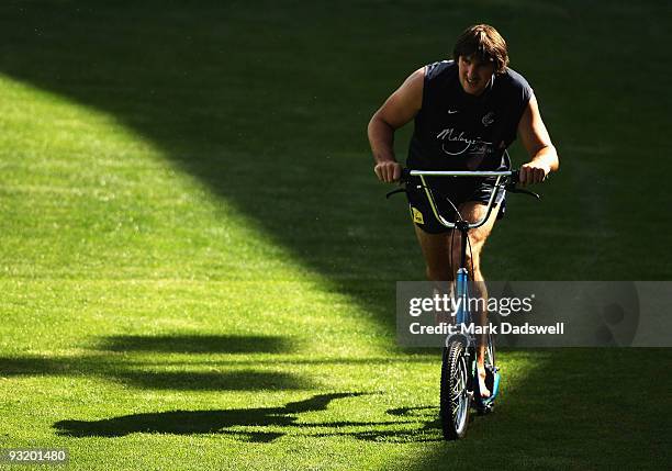 Jarrad Waite of the Blues rides a scooter as part of his rehabilitation during a Carlton Blues AFL training session at Visy Park on November 19, 2009...