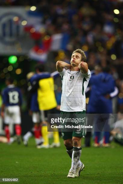 Kevin Doyle of Ireland reacts after the 1-1 draw which saw his team lose 2-1 on aggregate during the France v Republic of Ireland FIFA 2010 World Cup...