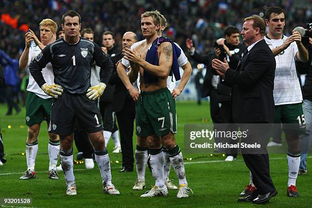 Shay Given ,Liam Lawrence and Darron Gibson of Ireland react after the 1-1 draw which saw Ireland lose 2-1 on aggregate during the France v Republic...