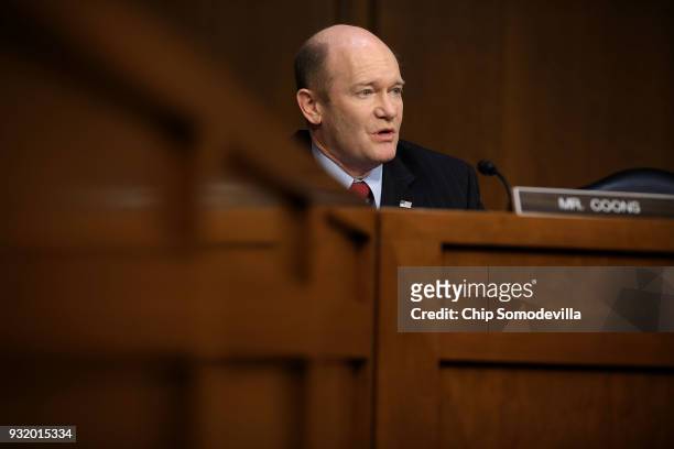 Senate Judiciary Committee member Sen. Chris Coons questions witnesses during a hearing about the massacre at Marjory Stoneman Douglas High School in...