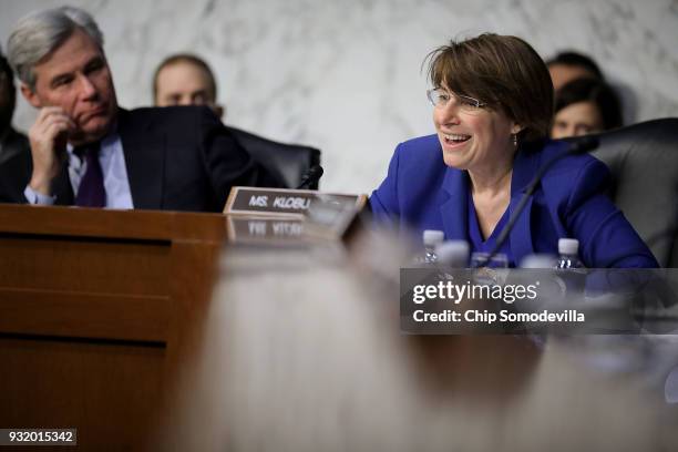 Senate Judiciary Committee member Amy Klobuchar questions witnesses during a hearing about the massacre at Marjory Stoneman Douglas High School in...