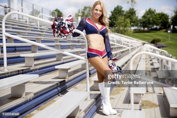 Portrait of New England Patriots cheerleader Melissa Dechello posing during photo shoot at practice facility. Foxborough, MA 6/3/2017 CREDIT: Taylor...
