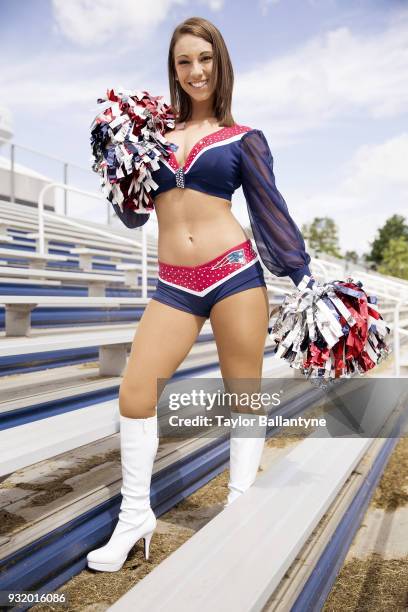 Portrait of New England Patriots cheerleader Caitlyn Hart posing during photo shoot at practice facility. Foxborough, MA 6/3/2017 CREDIT: Taylor...