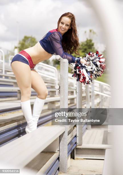 Portrait of New England Patriots cheerleader Victoria Spadaro posing during photo shoot at practice facility. Foxborough, MA 6/3/2017 CREDIT: Taylor...