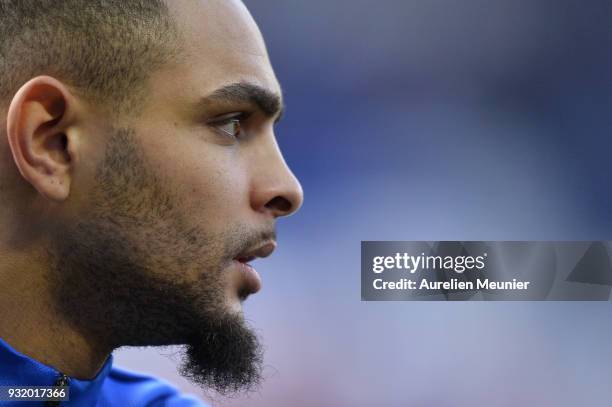 Layvin Kurzawa of Paris Saint-Germain reacts during warmup before the Ligue 1 match between Paris Saint Germain and Angers SCO at Parc des Princes on...