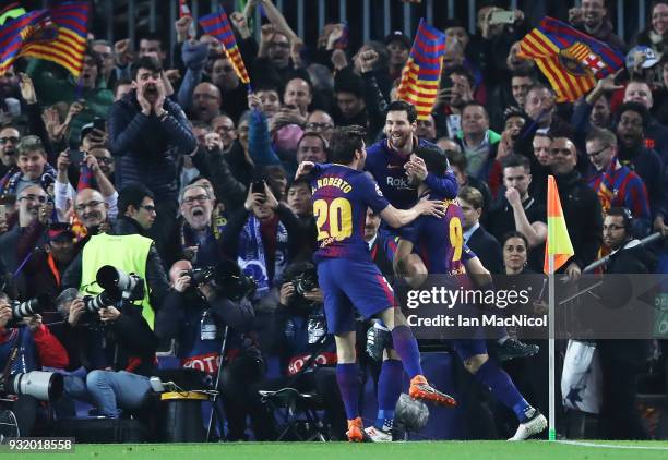 Lionel Messi of FC Barcelona celebrates after he scores the opening goal during the UEFA Champions League Round of 16 Second Leg match FC Barcelona...