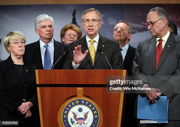 Senate Majority Leader Harry Reid announces that Senate Democrats unveiled their healthcare proposal while caucusing at the U.S. Capitol November 18,...