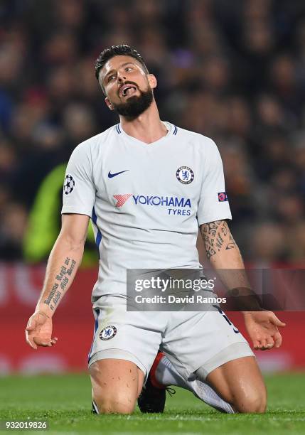 Olivier Giroud of Chelsea reacts during the UEFA Champions League Round of 16 Second Leg match FC Barcelona and Chelsea FC at Camp Nou on March 14,...