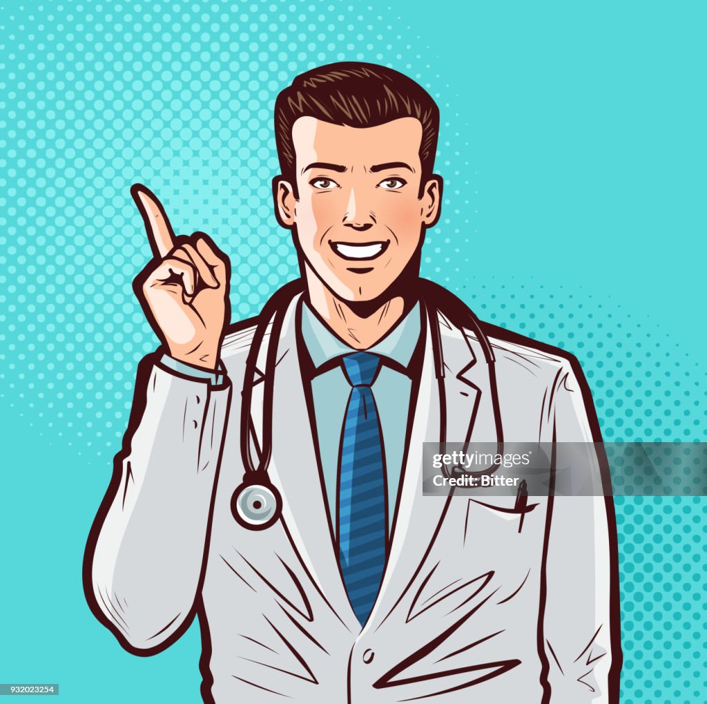 Comic Style Doctor Happy Doctor With Index Finger Hospital Pharmacy Health Medicine ...