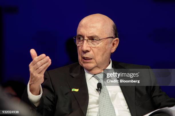 Henrique Meirelles, Brazil's minister of finance, speaks during the World Economic Forum on Latin America in Sao Paulo, Brazil, on Wednesday, March...