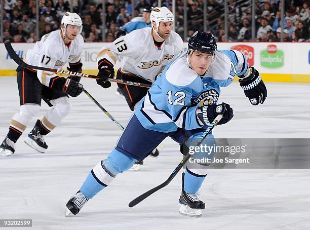 Christopher Bourque of the Pittsburgh Penguins skates up ice against the Anaheim Ducks on November 16, 2009 at Mellon Arena in Pittsburgh,...