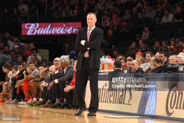 Head coach Chris Mullin of the St. John's Red Storm looks on during the 1st round of the Big East Basketball Tournament against the Georgetown Hoyas...