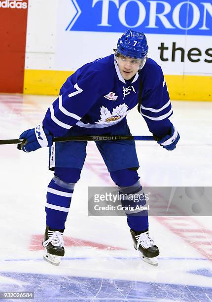 Timothy Liljegren of the Toronto Marlies skates in warmup prior to a game against the Laval Rocket during AHL game action on March 12, 2018 at Air...