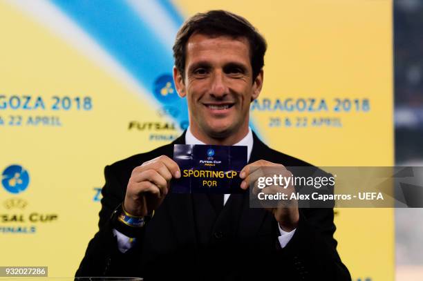 Juliano Belletti shows the name of Sporting CP during the UEFA Futsal Cup Finals Zaragoza 2018 draw during the halftime of the UEFA Champions League...